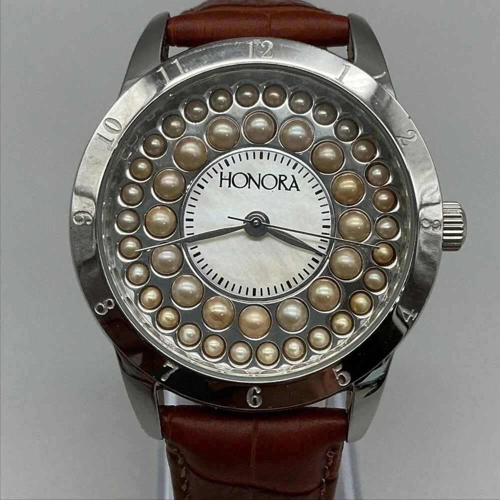 Honora Womens Watch 40mm Champagne Pearl Dial Brown Leather Issue w/ Crown